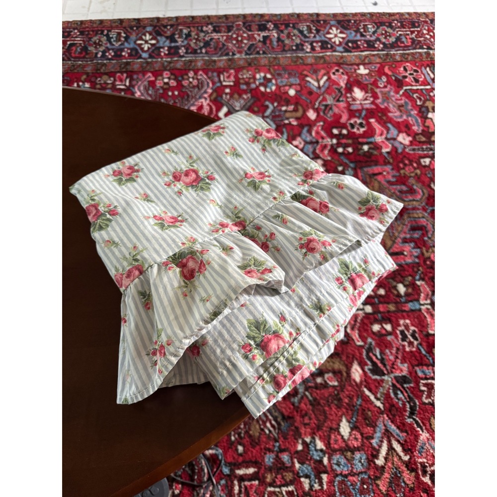 Vintage Ralph Lauren Emma Full Top Sheet White Stripe Pink Rose Floral Ruffle